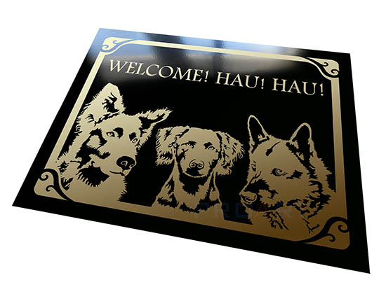 metal attention dog plate made from a photo of the client's dogs